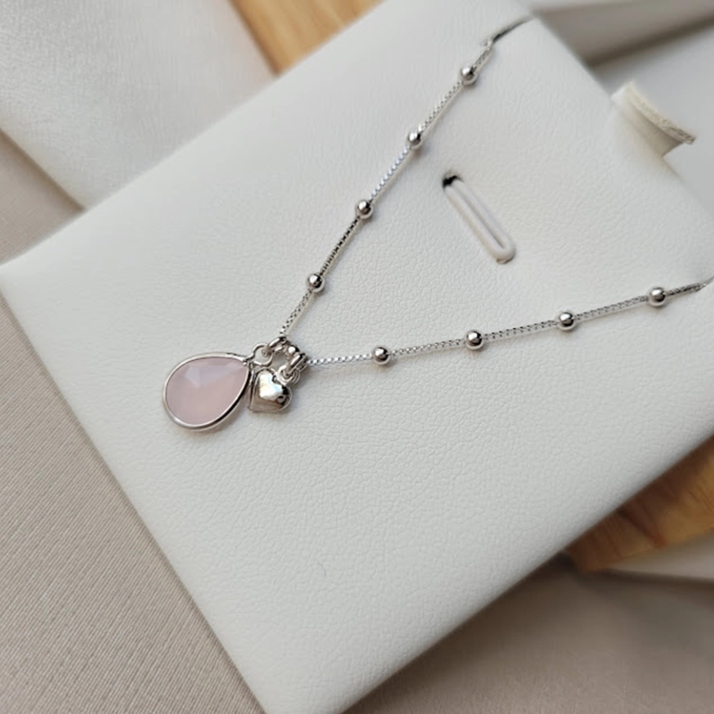 Colar Coração Liso e Gota Quartzo Rosa