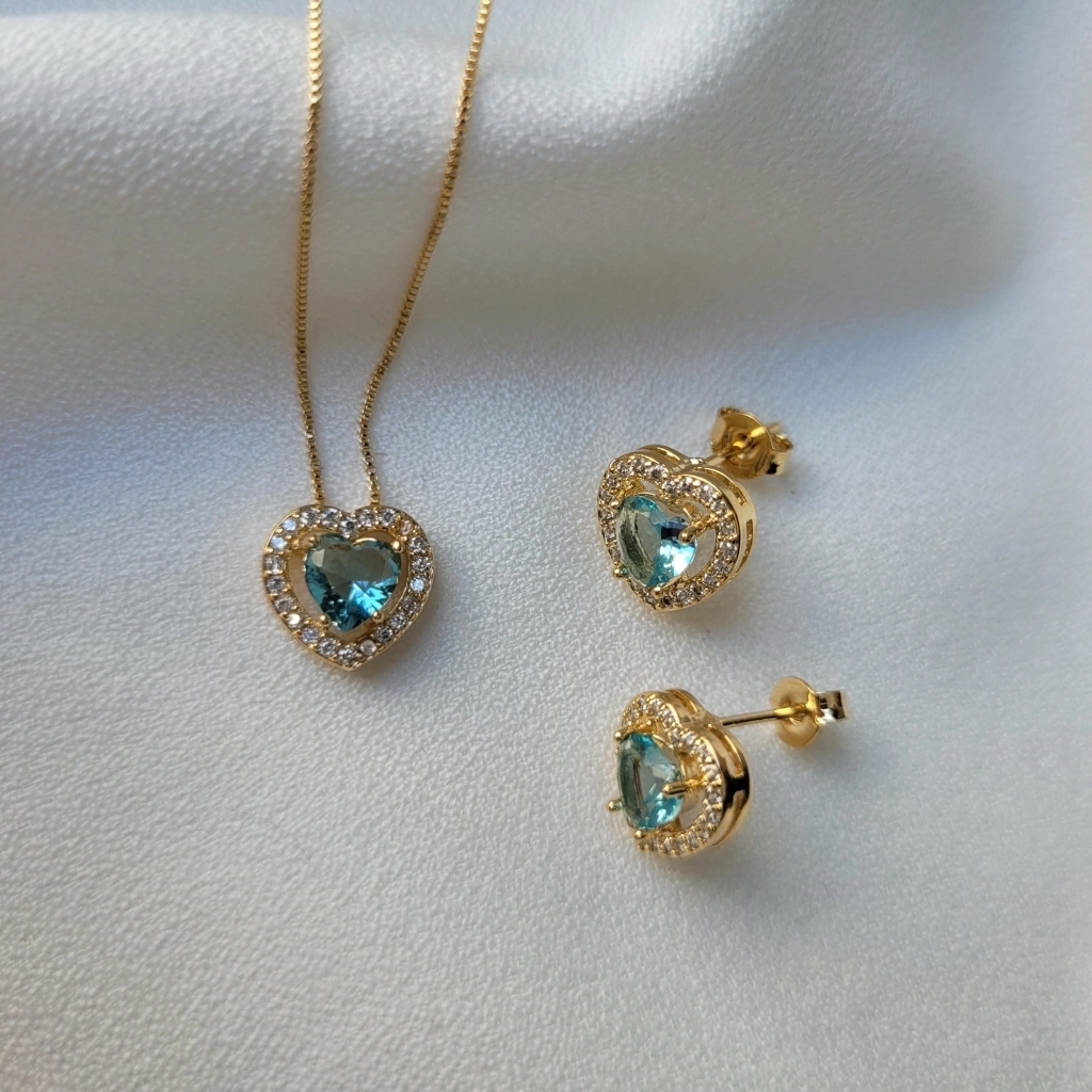 Conjunto Coração Cravejado Azul