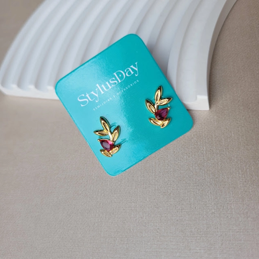 Ear Cuff Folhas e Pedra Pink